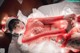A woman in a red fishnet outfit laying on a bed.