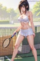 A woman in a bikini holding a tennis racket on a tennis court.