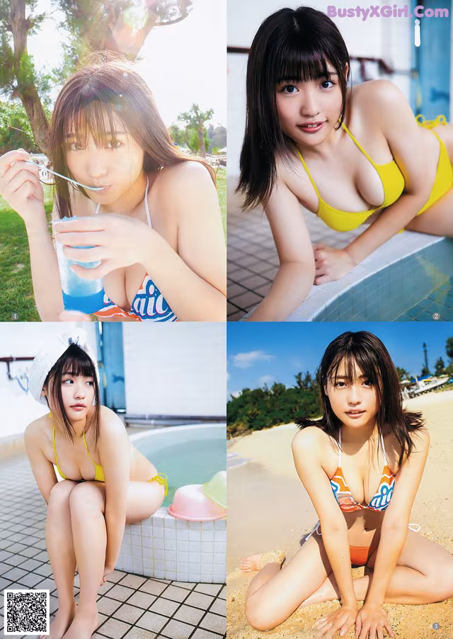 A woman in a yellow bikini sitting next to a pool.